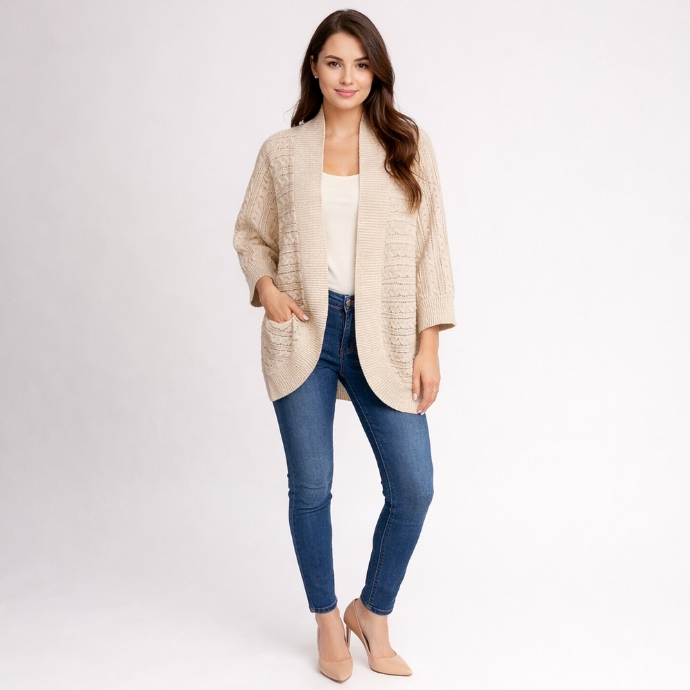 Cashmere 100% Lockhart Open Faced Oversized Shawl Beige Cardigan Small